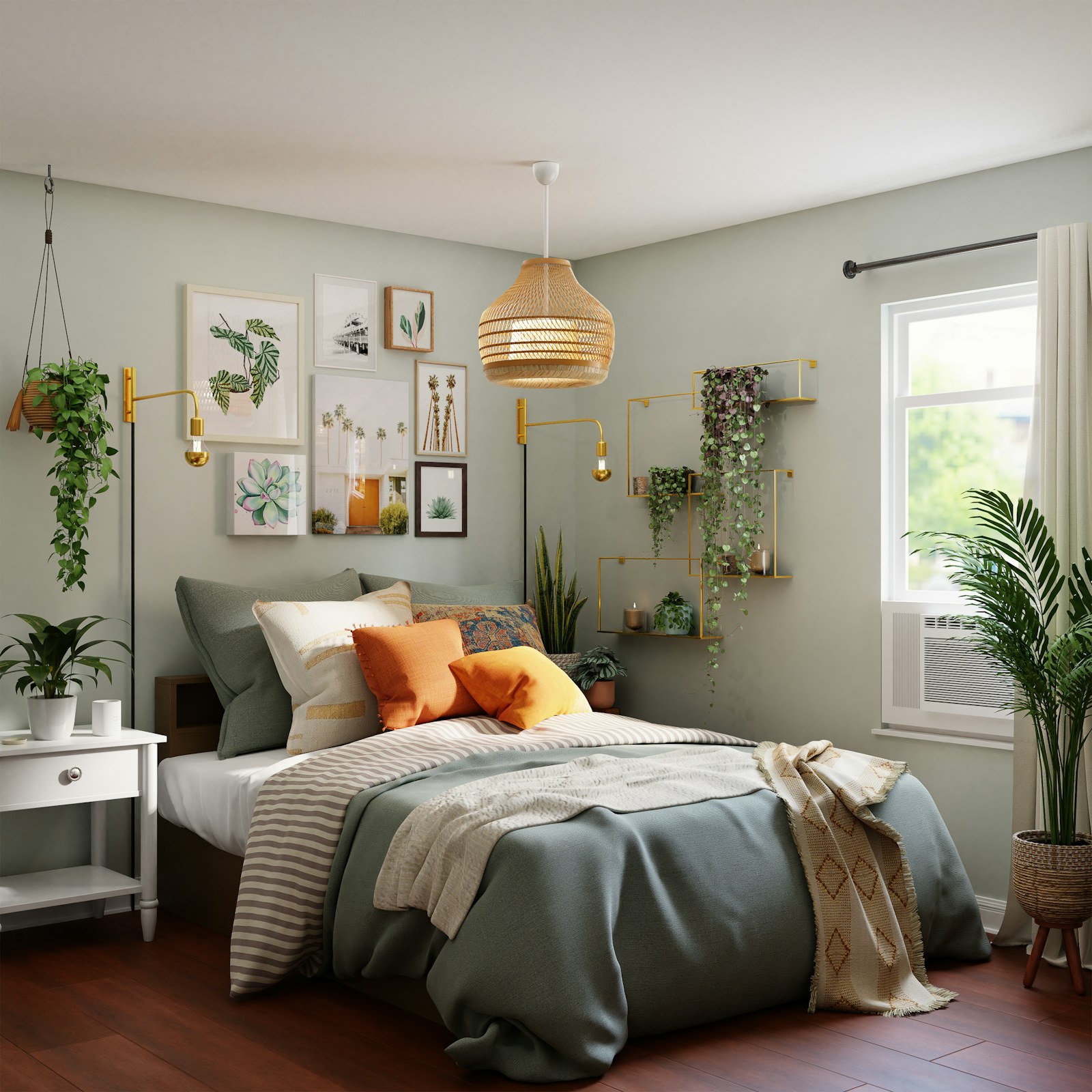 A thoughtfully arranged bedroom with natural textures