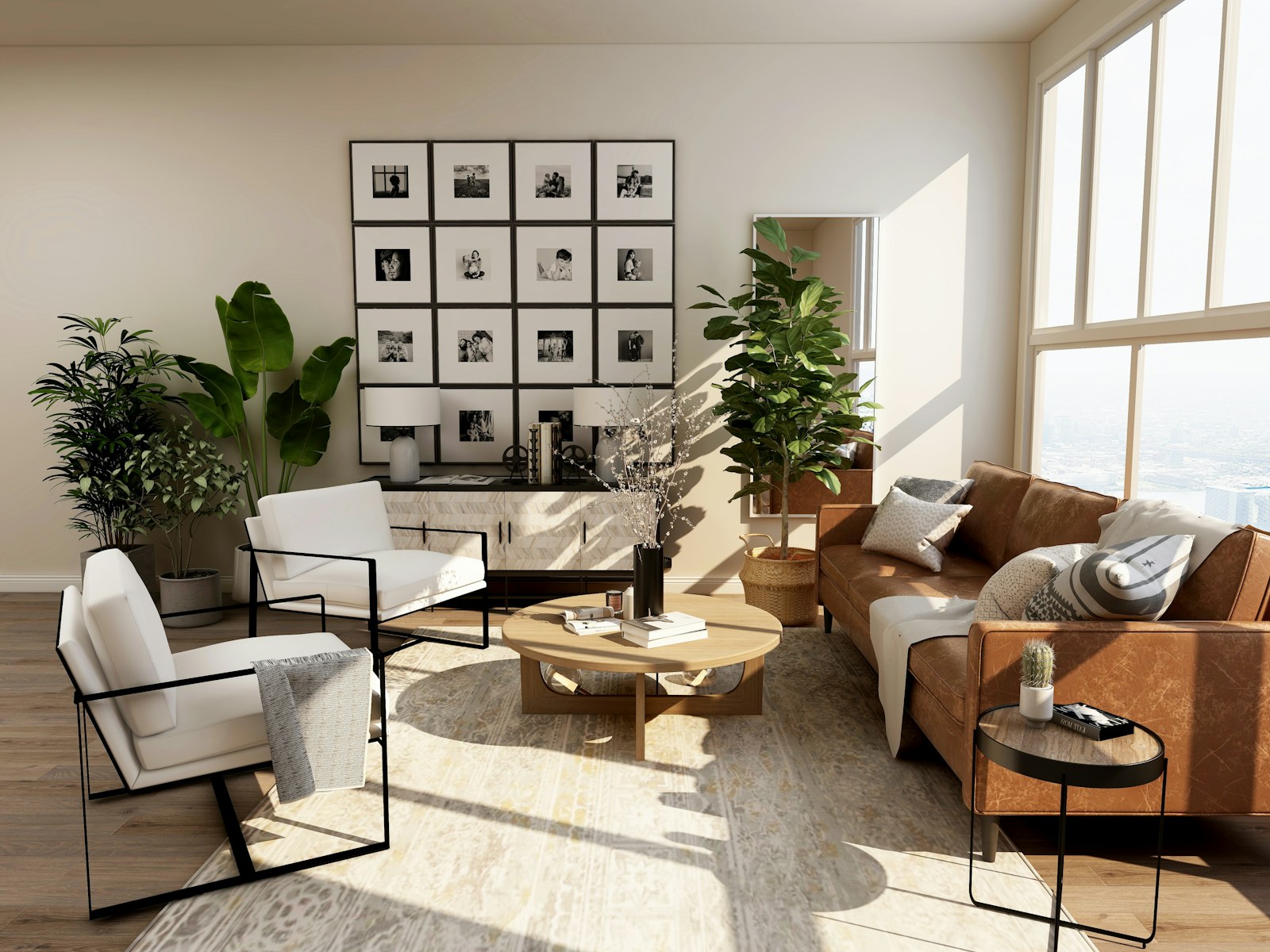 A sunlit living room with soft seating, timber and natural textures